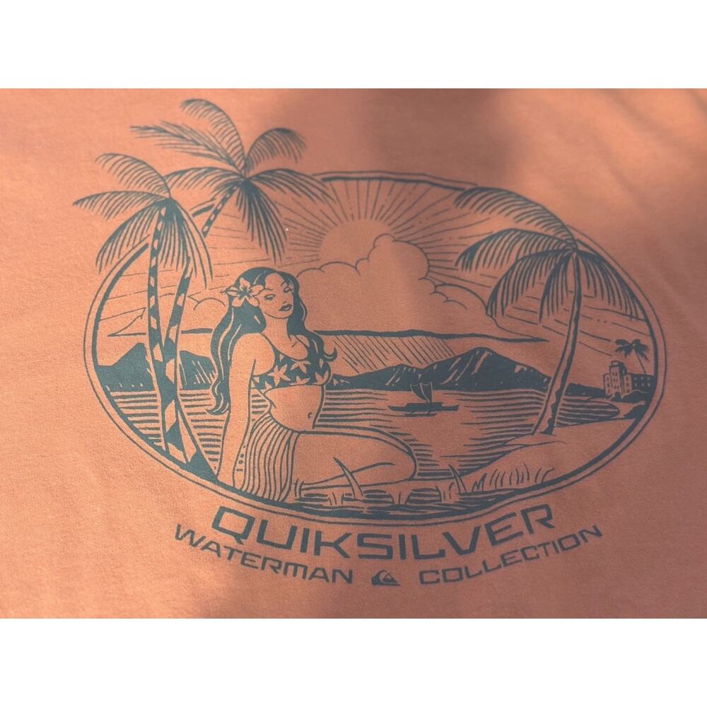 Quiksilver Waterman T-Shirt Mens XL Orange Surf Graphic Hula Girl Hawaii Tee